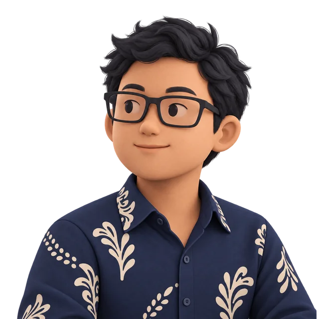 Andri’s stylized 3D avatar, wearing glasses and a blue batik shirt